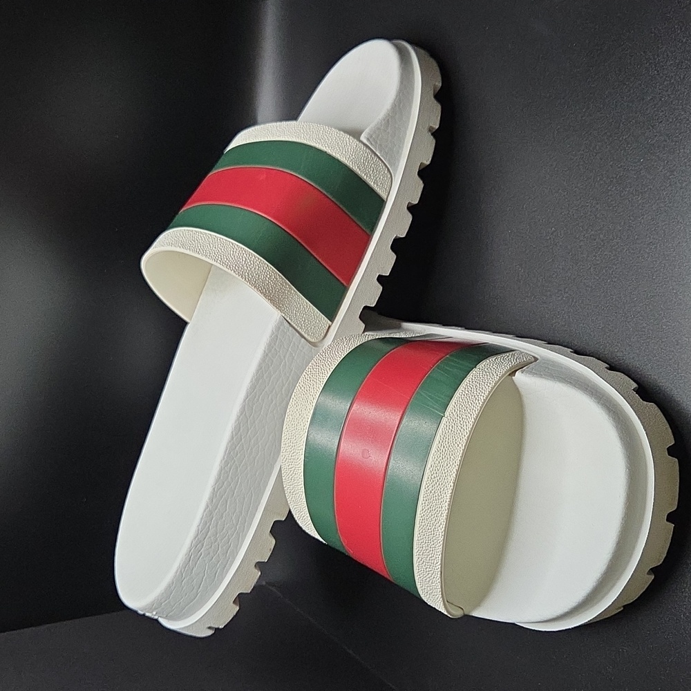 Gucci White Slides with Green and Red Stripe